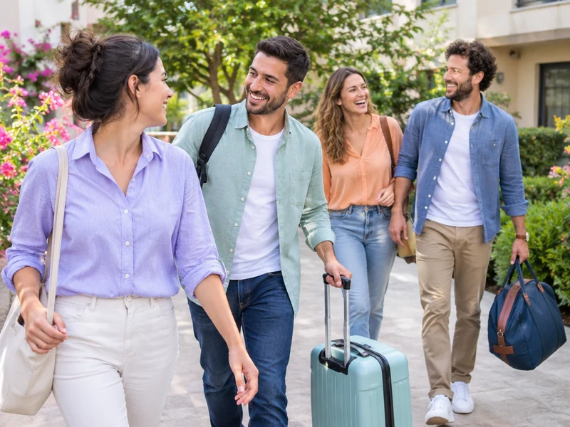 שתי נשים ושני גברים בוגרים הולכים יחד בשמחה בחצר לאחר מפגש מחודש, לצד מזוודת נסיעה