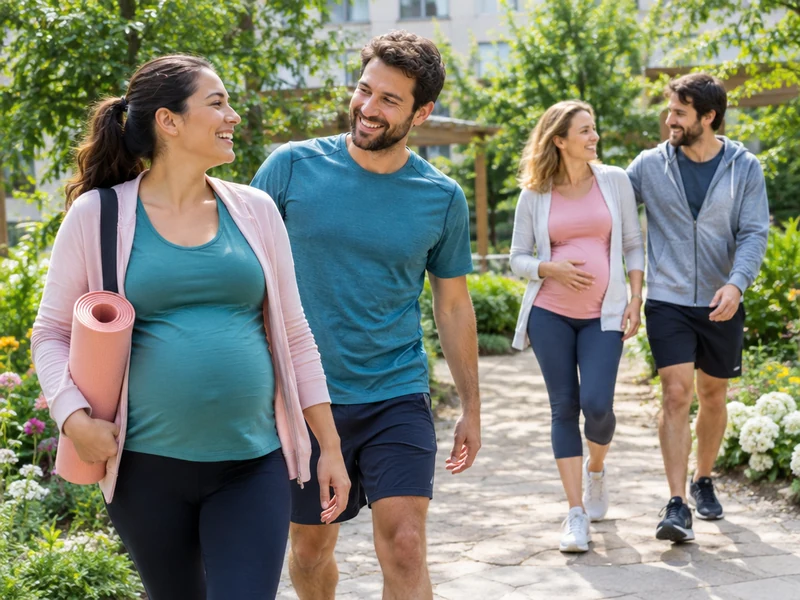 שתי נשים הרות ושני גברים הולכים יחד בחצר מוארת ומשתפים רגע שמח וטבעי